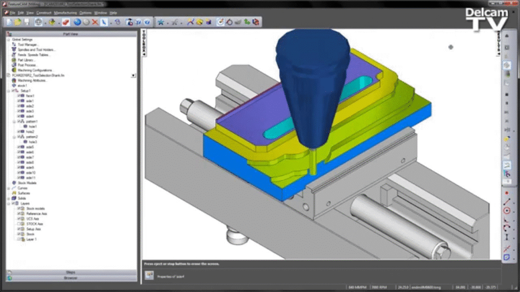 CNC machining simulation showing toolpath strategy for die cast component with defined datum reference surfaces