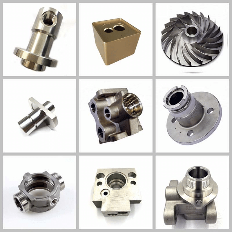 Various precision CNC machined metal components including threaded fittings and complex industrial parts